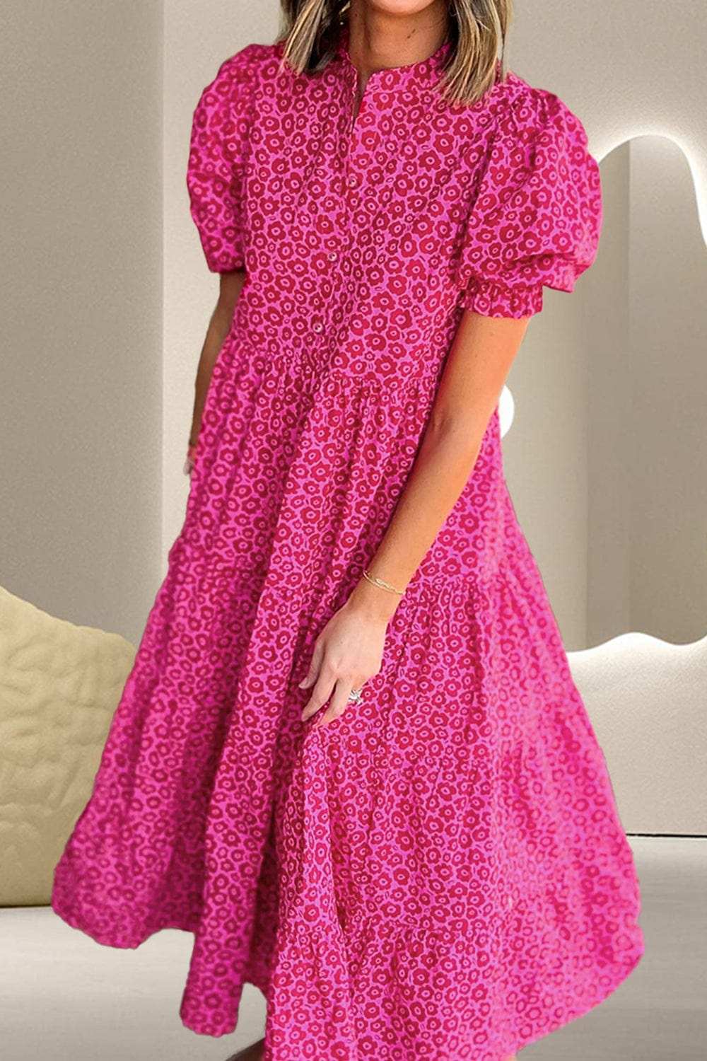 Printed Notched Puff Sleeve Midi Dress - Trendsi - Flyclothing LLC
