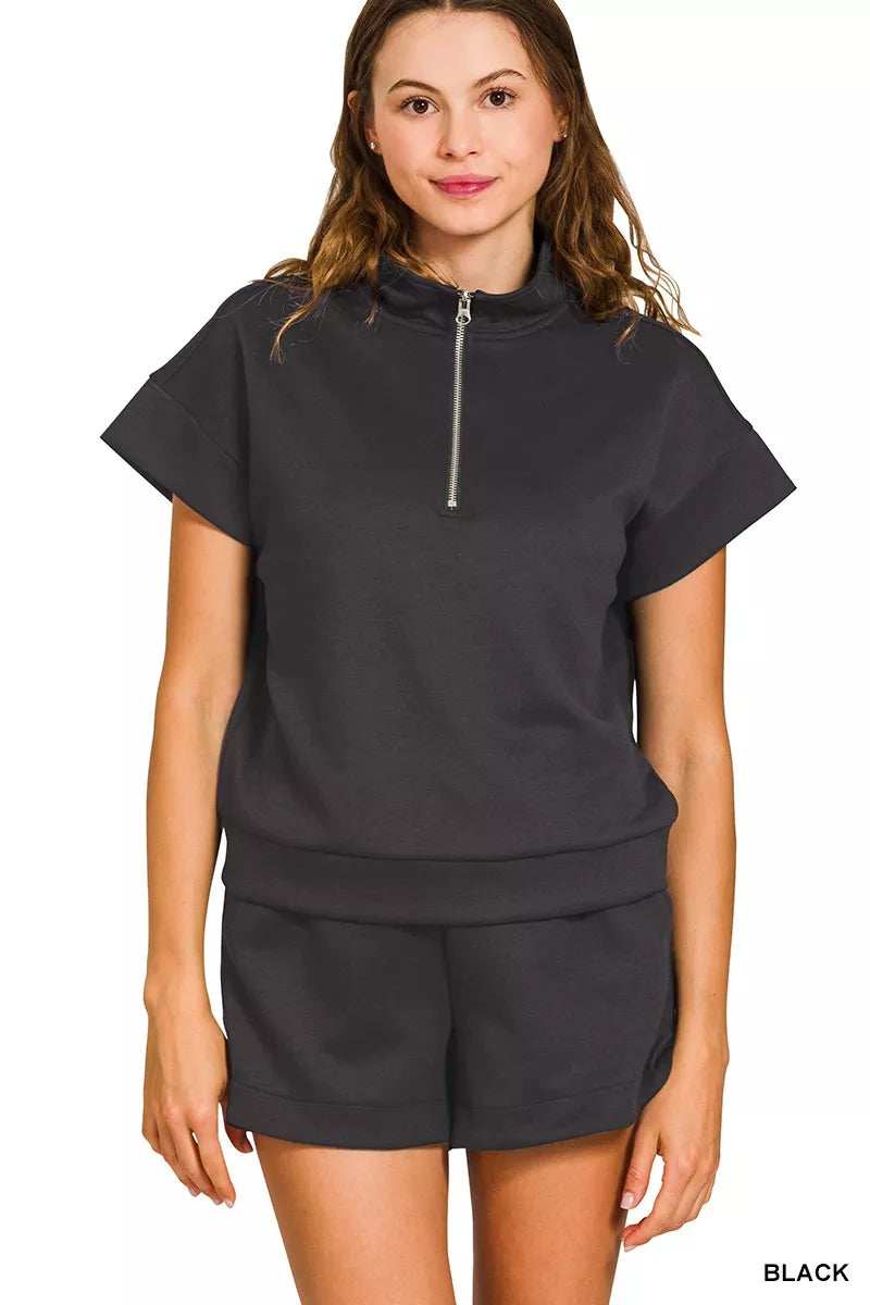 Zenana Scuba High Neck Half Zip Top and Dolphin Shorts Set - Trendsi - Flyclothing LLC