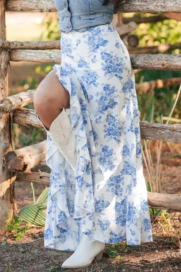 Split Asymmetrical Ruffled Printed Skirt - Trendsi - Flyclothing LLC