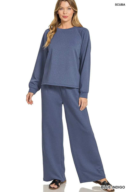 Zenana Scuba Crewneck Sweatshirt and Pants Set - Trendsi - Flyclothing LLC