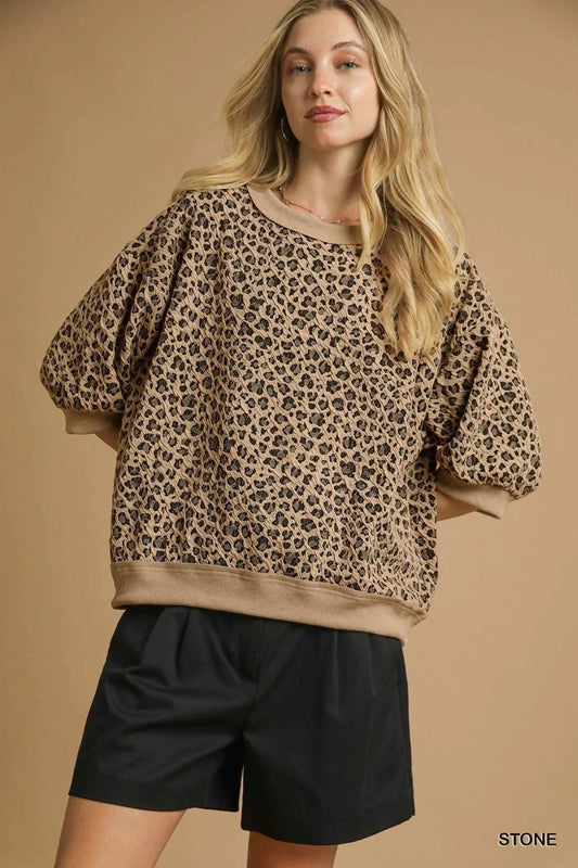 Umgee Leopard Knit Jacquard Puff Sleeve Sweatshirt - Trendsi - Flyclothing LLC