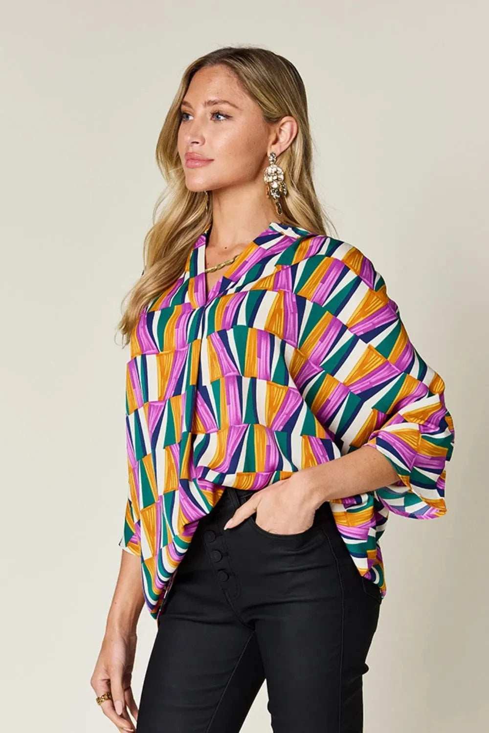Double Take Full Size Geometric Notched Dolman Sleeve Top - Trendsi - Flyclothing LLC