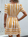 Geometric Notched Short Sleeve Mini Dress - Trendsi - Flyclothing LLC