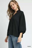 Umgee Textured V-Neck Blouse with Balloon Sleeves - Trendsi - Flyclothing LLC