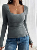 Devine Lace Detail Square Neck Long Sleeve T-Shirt - Trendsi - Flyclothing LLC