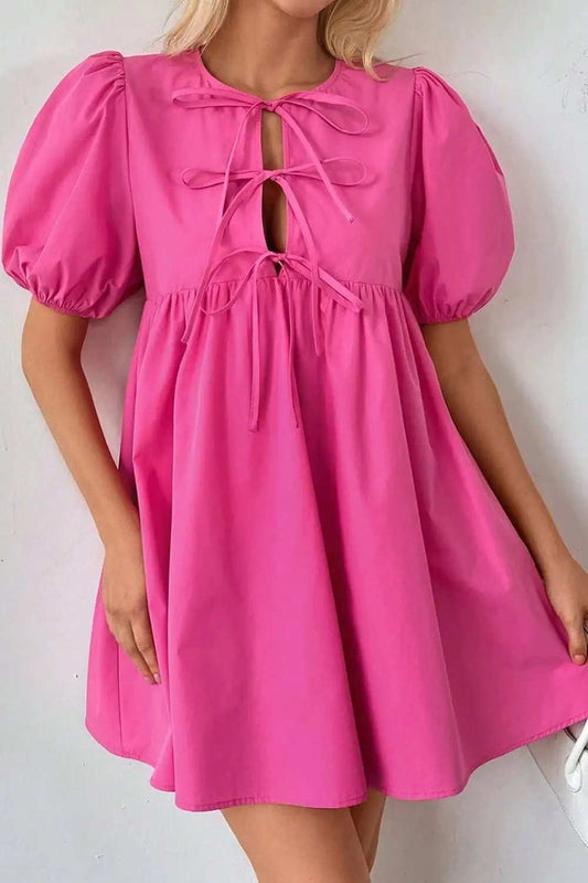 Puff Sleeve Tie Front High Waist Mini Dress - Trendsi - Flyclothing LLC