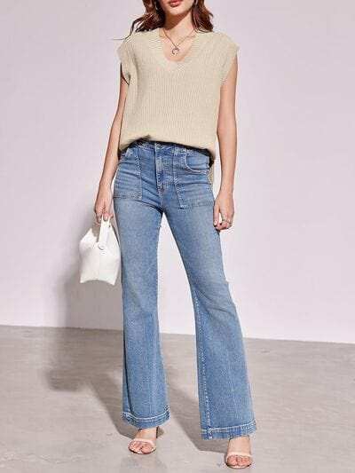 Lovelet Ribbed V-Neck Slit Sweater Vest - Trendsi - Flyclothing LLC