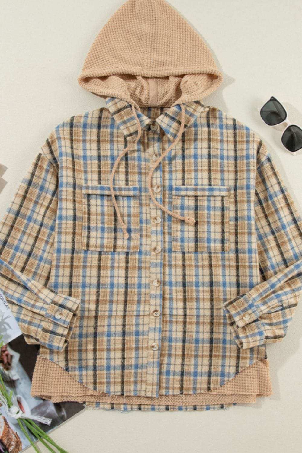 Drawstring Waffle Knit Patchwork Hooded Plaid Shacket - Trendsi - Flyclothing LLC