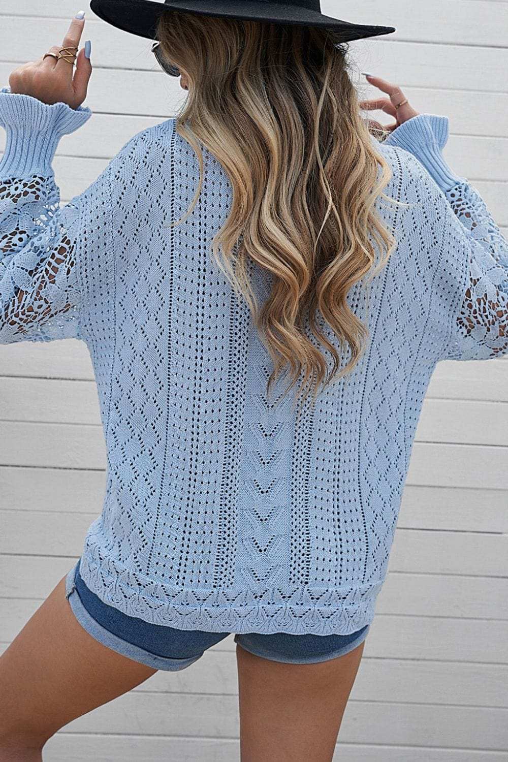 Openwork Round Neck Long Sleeve Sweater - Trendsi - Flyclothing LLC