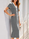 Contrast Striped V-Neck Short Sleeve Midi Dress - Trendsi - Flyclothing LLC