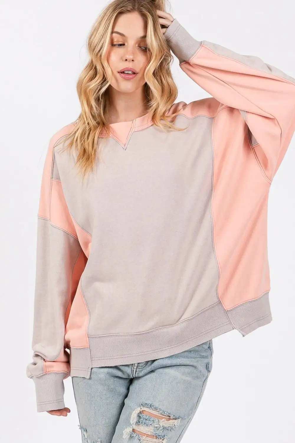 SAGE + FIG Color Block Round Neck Sweatshirt - Trendsi - Flyclothing LLC