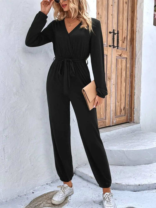 Long Sleeve Tie Waist Jumpsuit - Trendsi - Flyclothing LLC