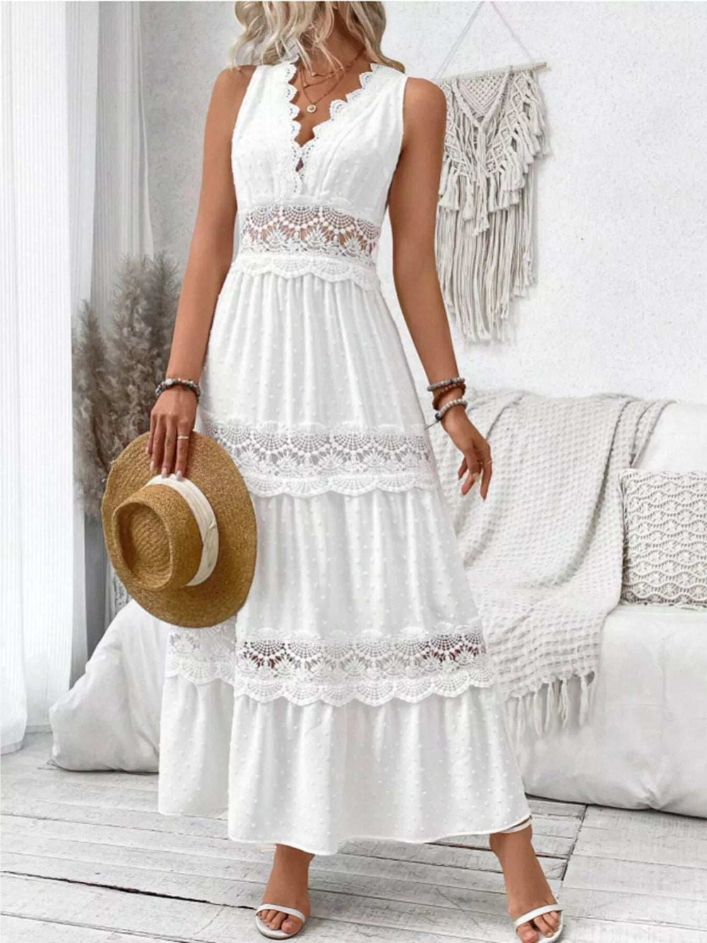 Full Size Lace Detail Tie Back Sleeveless Tiered Dress Plus Size - Trendsi - Flyclothing LLC