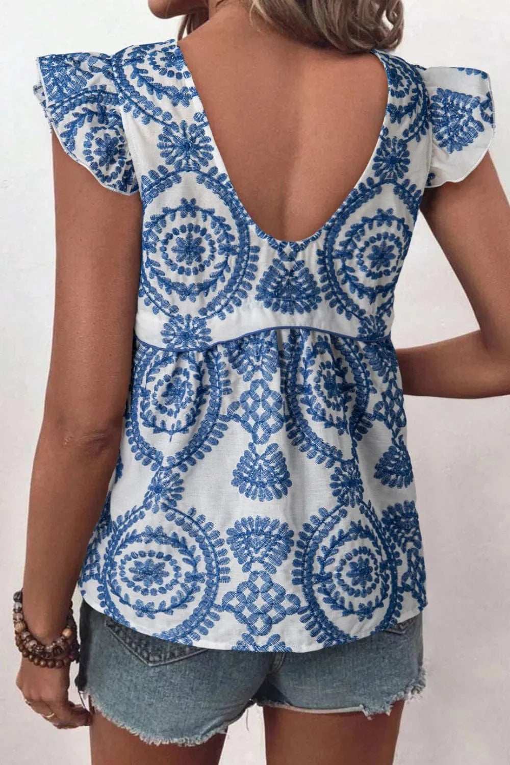 Boho Print Ruffled Cap Sleeve Crew Neck Blouse - Trendsi - Flyclothing LLC