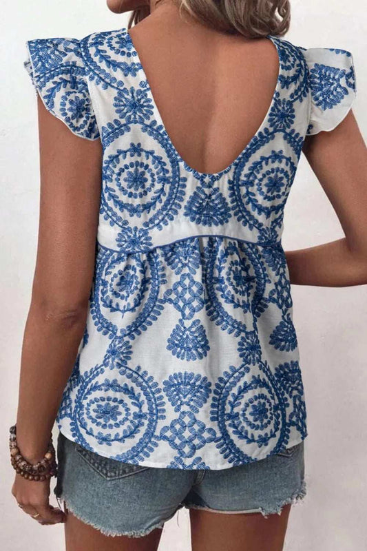 Boho Print Ruffled Cap Sleeve Crew Neck Blouse - Trendsi - Flyclothing LLC