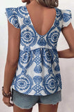 Boho Print Ruffled Cap Sleeve Crew Neck Blouse - Trendsi - Flyclothing LLC