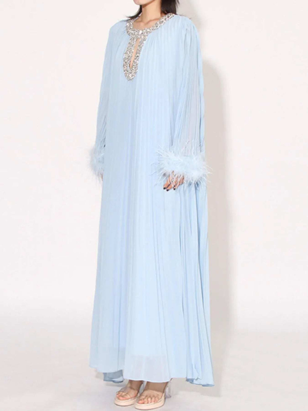 Rhinestone Long Sleeve Maxi Dress - Trendsi - Flyclothing LLC