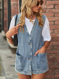 Full Size V-Neck Button Up Denim Vest - Trendsi - Flyclothing LLC