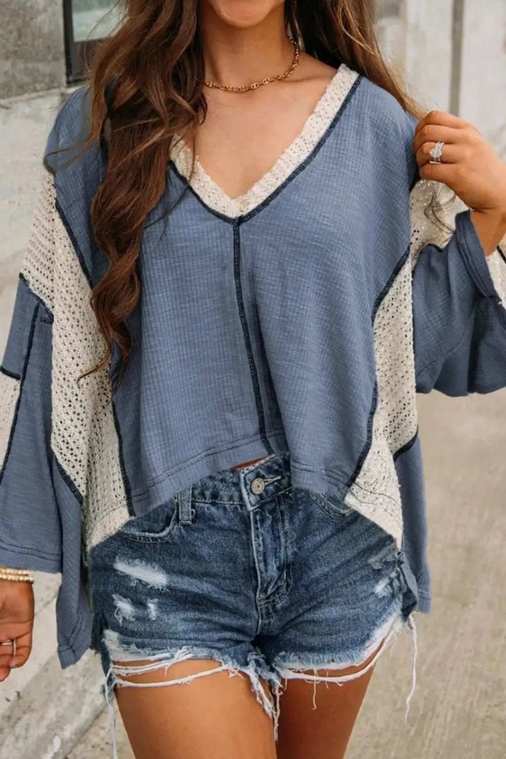 Lace Detail Contrast V-Neck Long Sleeve Blouse - Trendsi - Flyclothing LLC