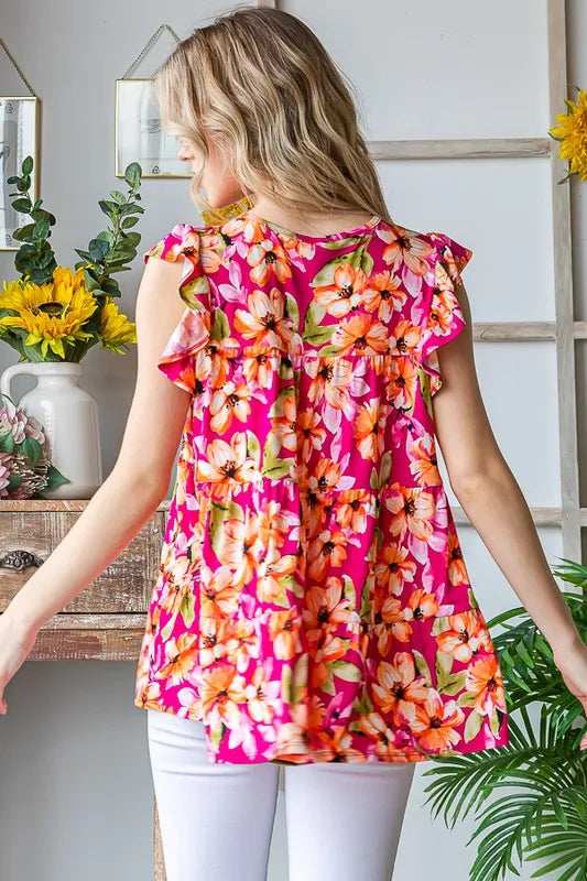 Heimish Full Size Butterfly Sleeve Floral Tiered Top Plus Size - Trendsi - Flyclothing LLC