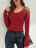 Rhinestone Cutout Long Sleeve T-Shirt - Trendsi - Flyclothing LLC