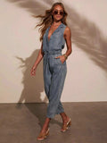 Sleeveless Drawstring Waist Washed Denim Jumpsuit - Trendsi - Flyclothing LLC