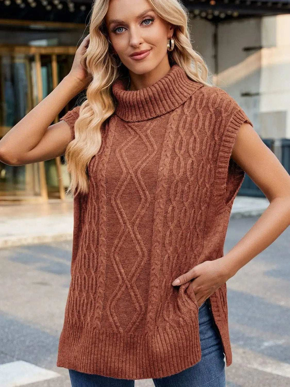 Side Slit Turtleneck Sweater Vest - Trendsi - Flyclothing LLC