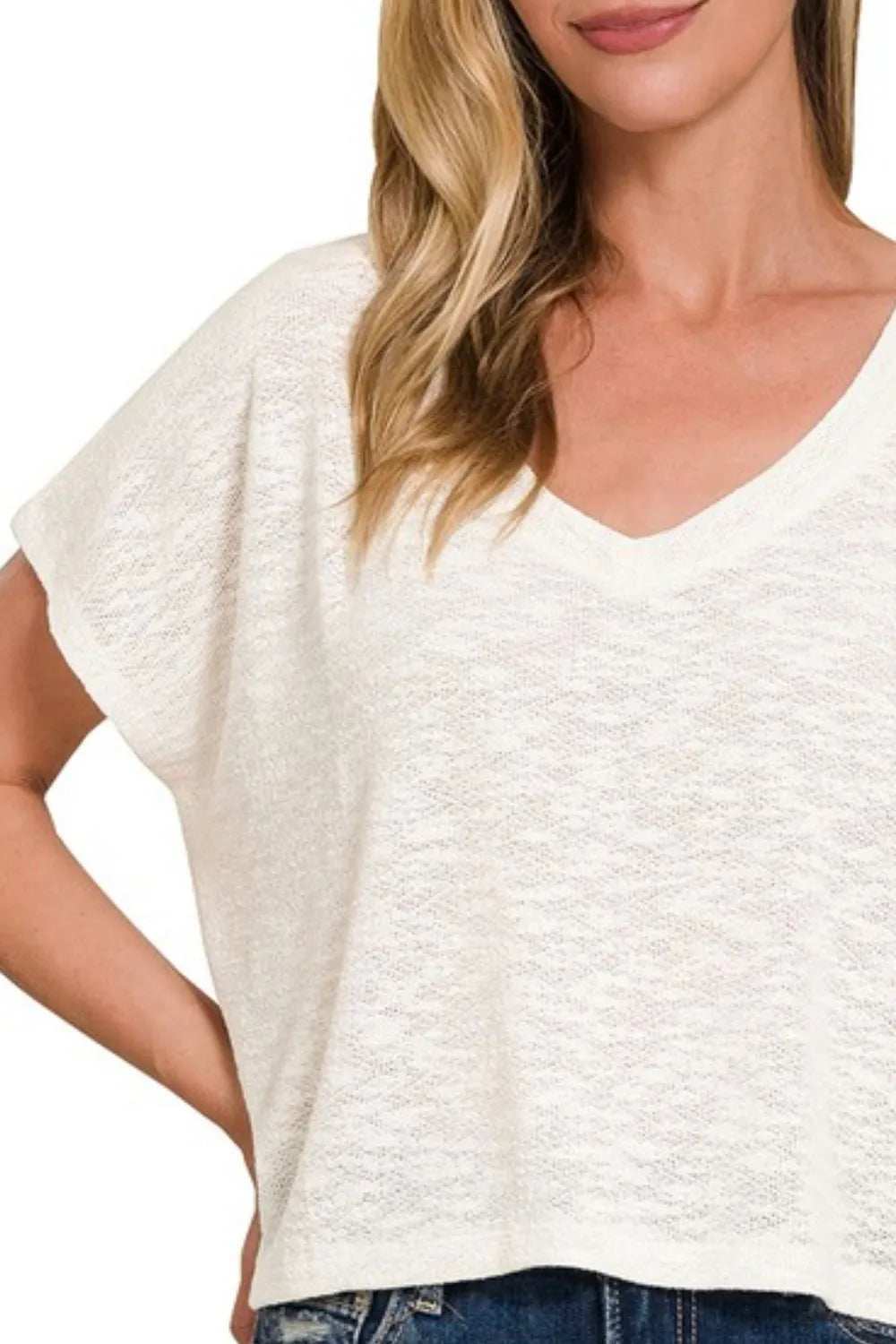 Zenana Hacci Slub V-neck Drop Shoulder Crop Top - Trendsi - Flyclothing LLC