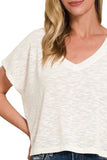 Zenana Hacci Slub V-neck Drop Shoulder Crop Top - Trendsi - Flyclothing LLC