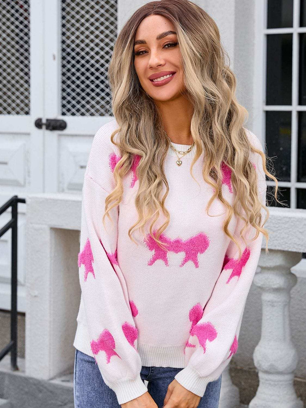 Angel Wings Bow Round Neck Dropped Shoulder Sweater - Trendsi - Flyclothing LLC