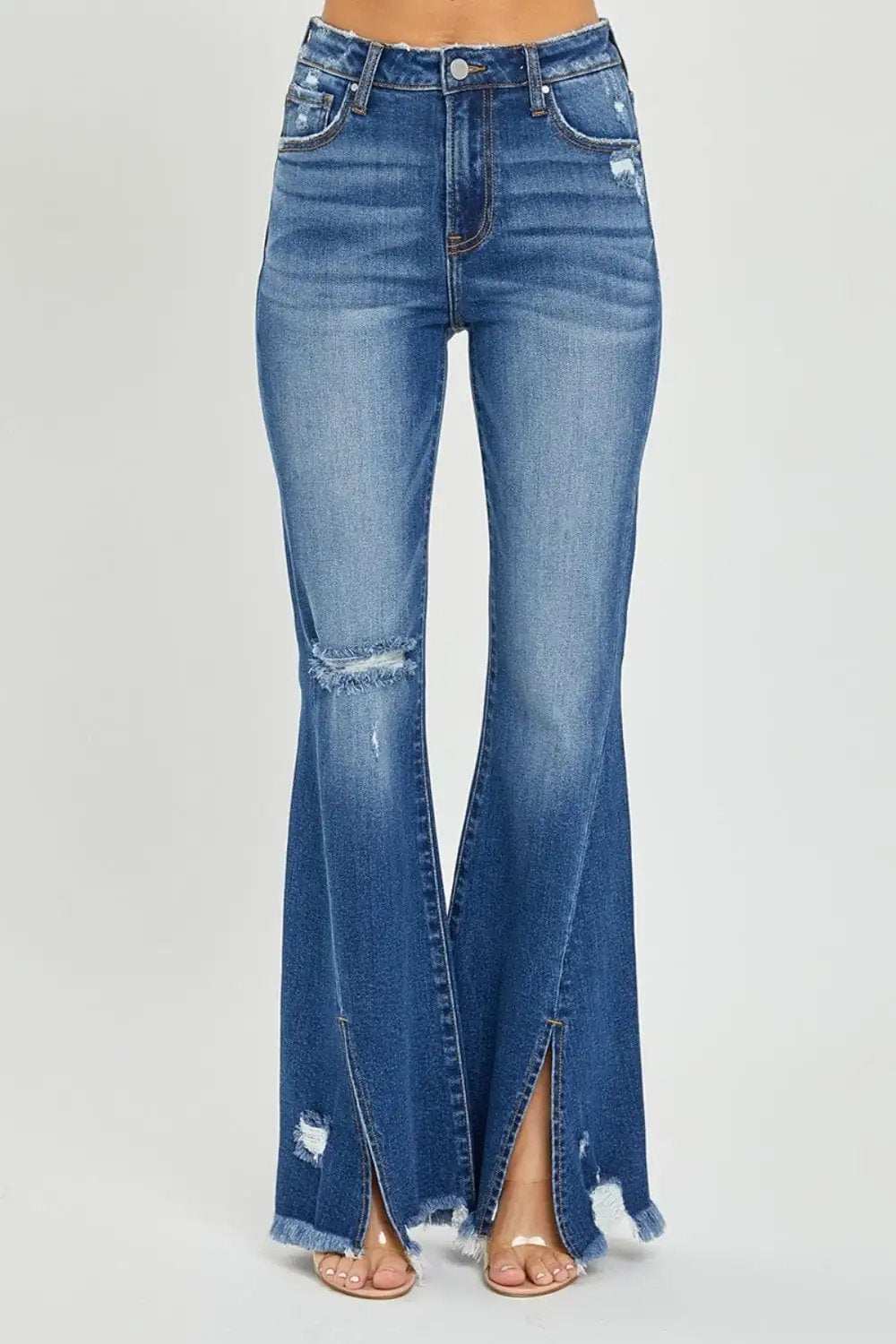 RISEN Full Size High Rise Front Slit Frayed Hem Flare Jeans - Trendsi - Flyclothing LLC