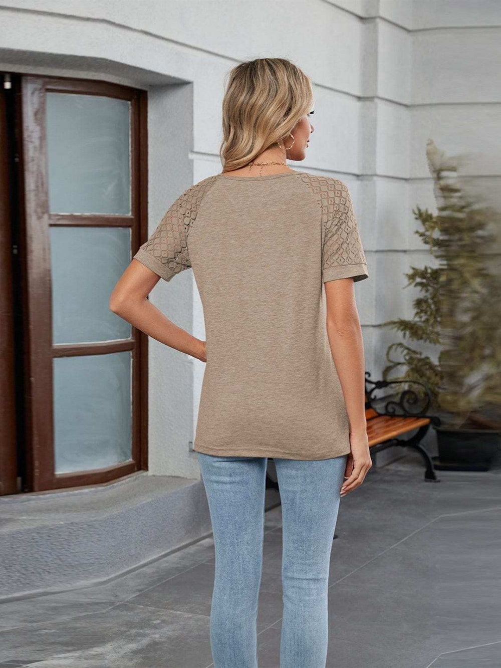 Round Neck Lace Short Sleeve T-Shirt - Trendsi - Flyclothing LLC