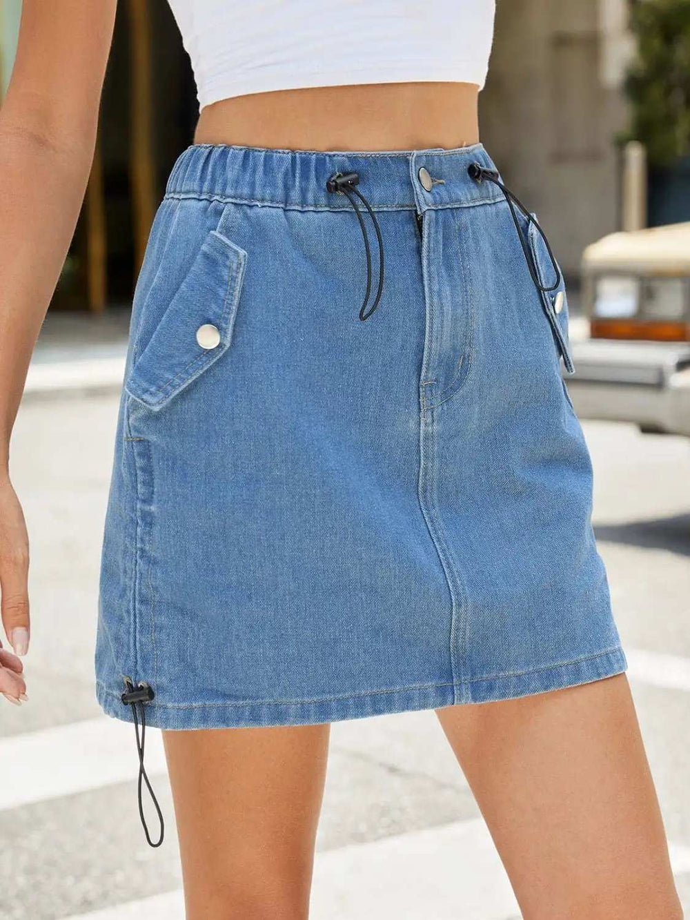 Drawstring Denim Skirt with Pockets - Trendsi - Flyclothing LLC