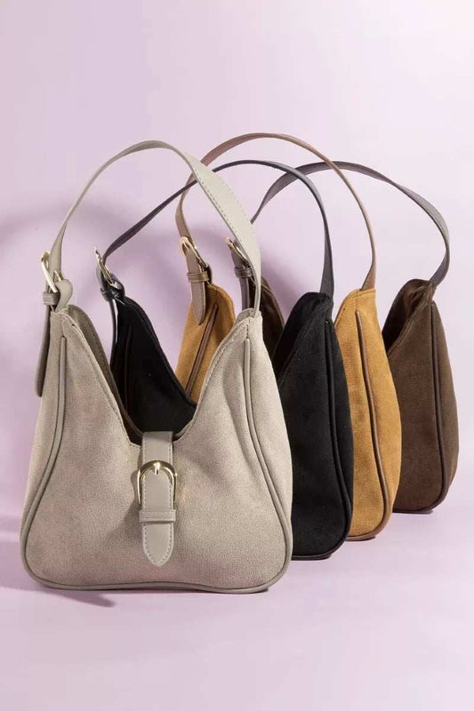 Fame Buckle Accent Faux Suede Hand Bag - Trendsi - Flyclothing LLC