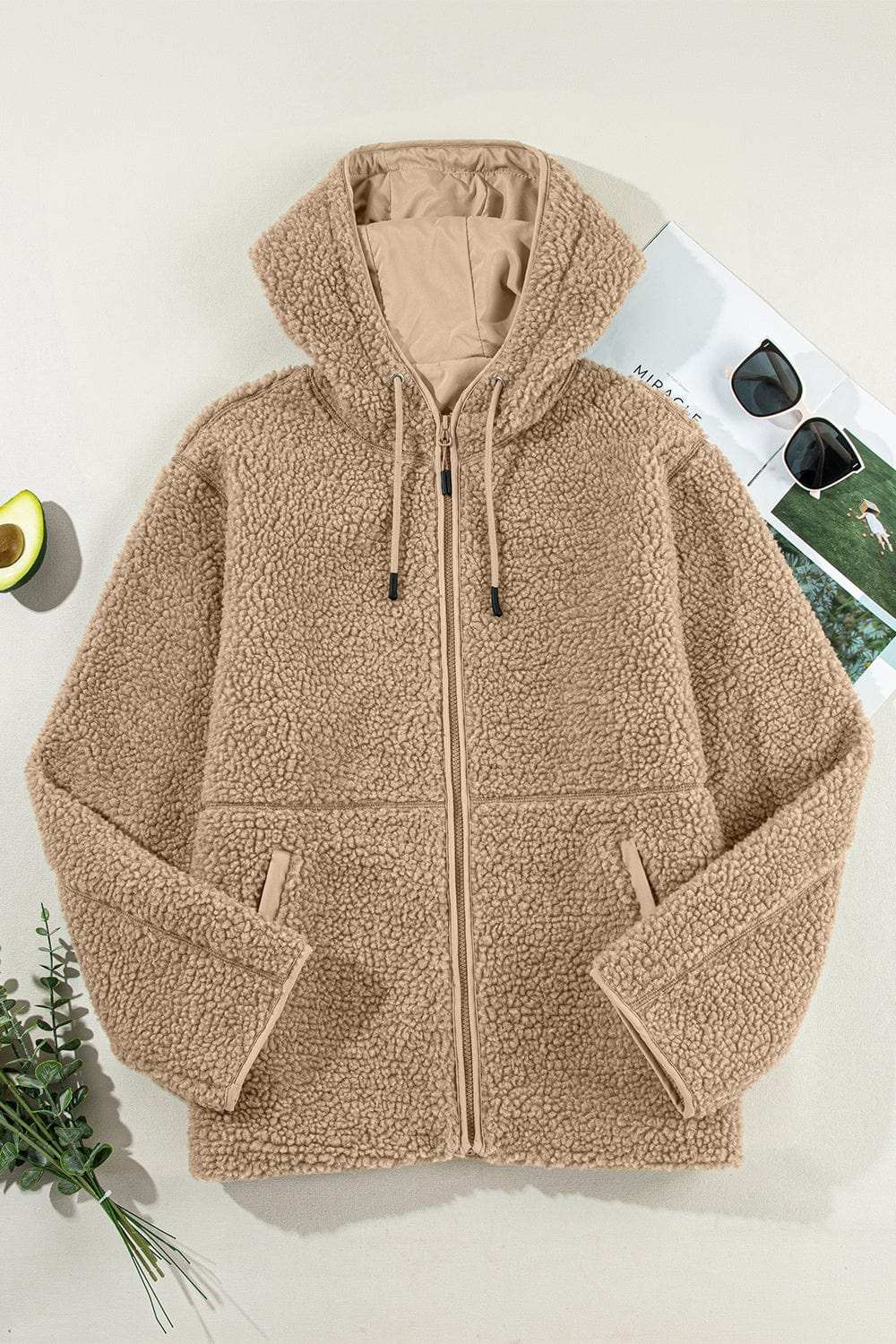 Drawstring Fleece Zip Up Hooded Jacket - Trendsi - Flyclothing LLC