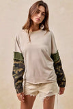 BiBi Camo Sleeve French Terry Top with Frayed Edge - Trendsi - Flyclothing LLC