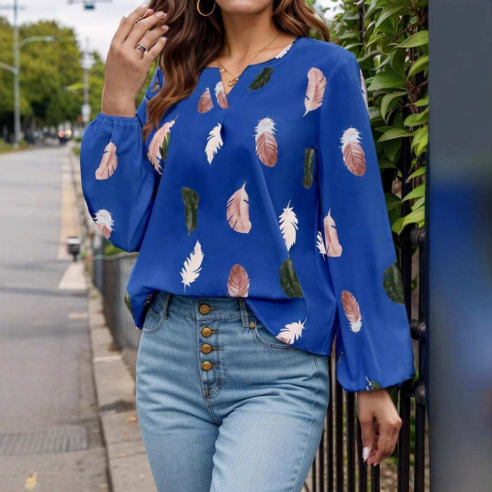 Feather Print Notched Balloon Sleeve Top - Trendsi - Flyclothing LLC