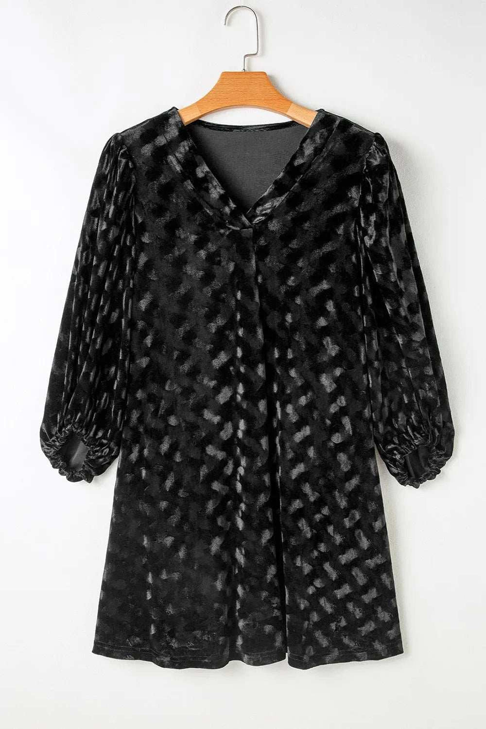 V-Neck Three-Quarter Sleeve Velvet Mini Dress - Trendsi - Flyclothing LLC