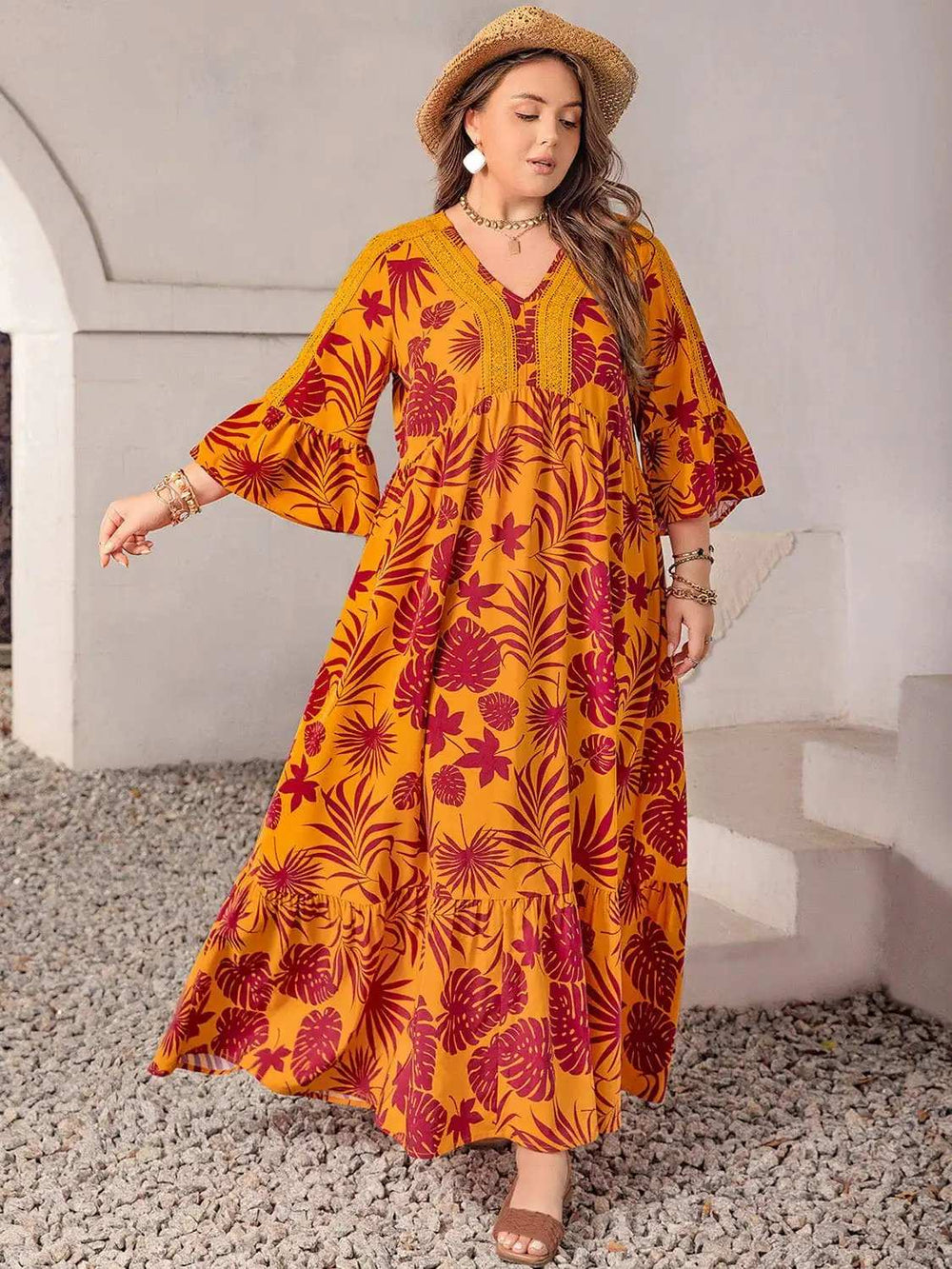 Plus Size Lace Detail Printed V-Neck Maxi Dress - Trendsi - Flyclothing LLC