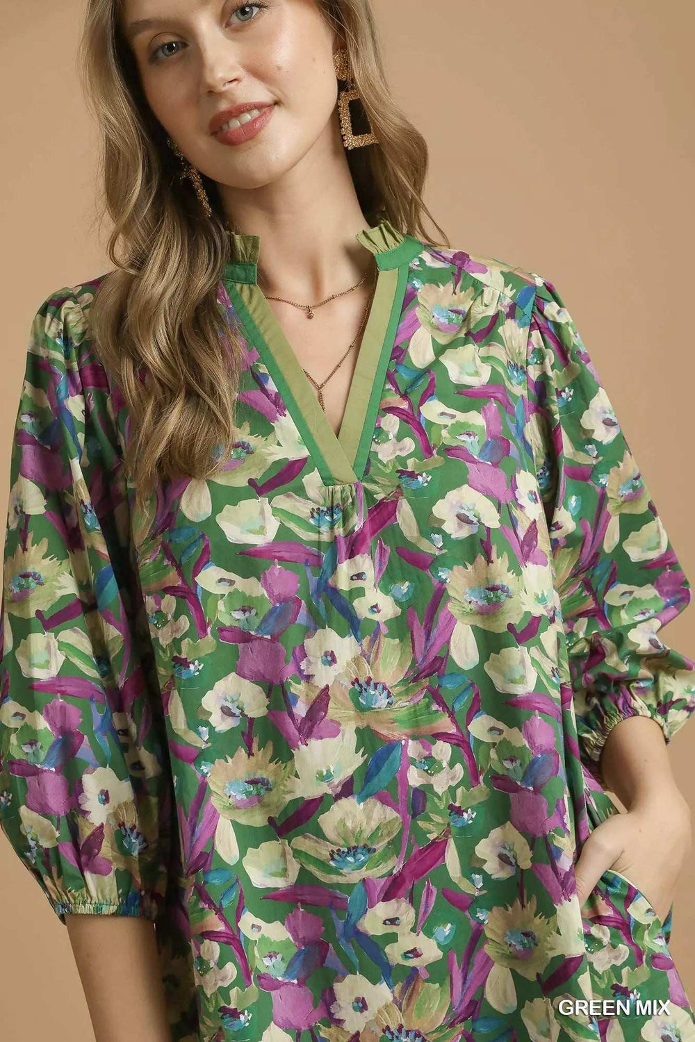 Umgee Boho Floral Balloon Sleeve Mini Dress - Trendsi - Flyclothing LLC