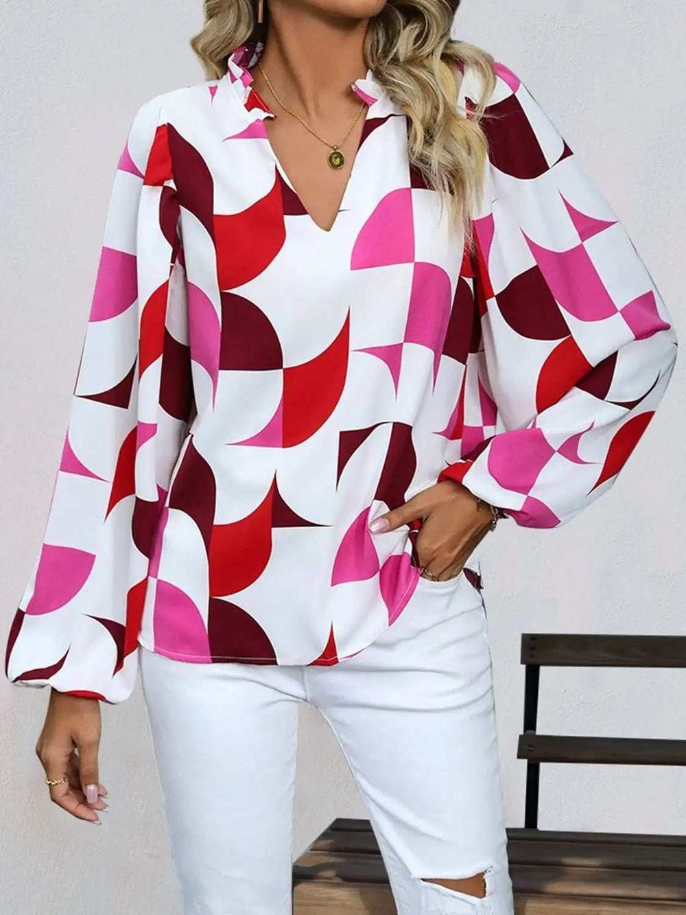 Frill Notched Long Sleeve Blouse - Trendsi - Flyclothing LLC
