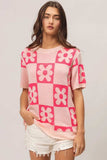BiBi Flower Checker Pattern Short Sleeve Sweater - Trendsi - Flyclothing LLC