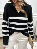 Striped Collared Neck Long Sleeve Sweater - Trendsi - Flyclothing LLC
