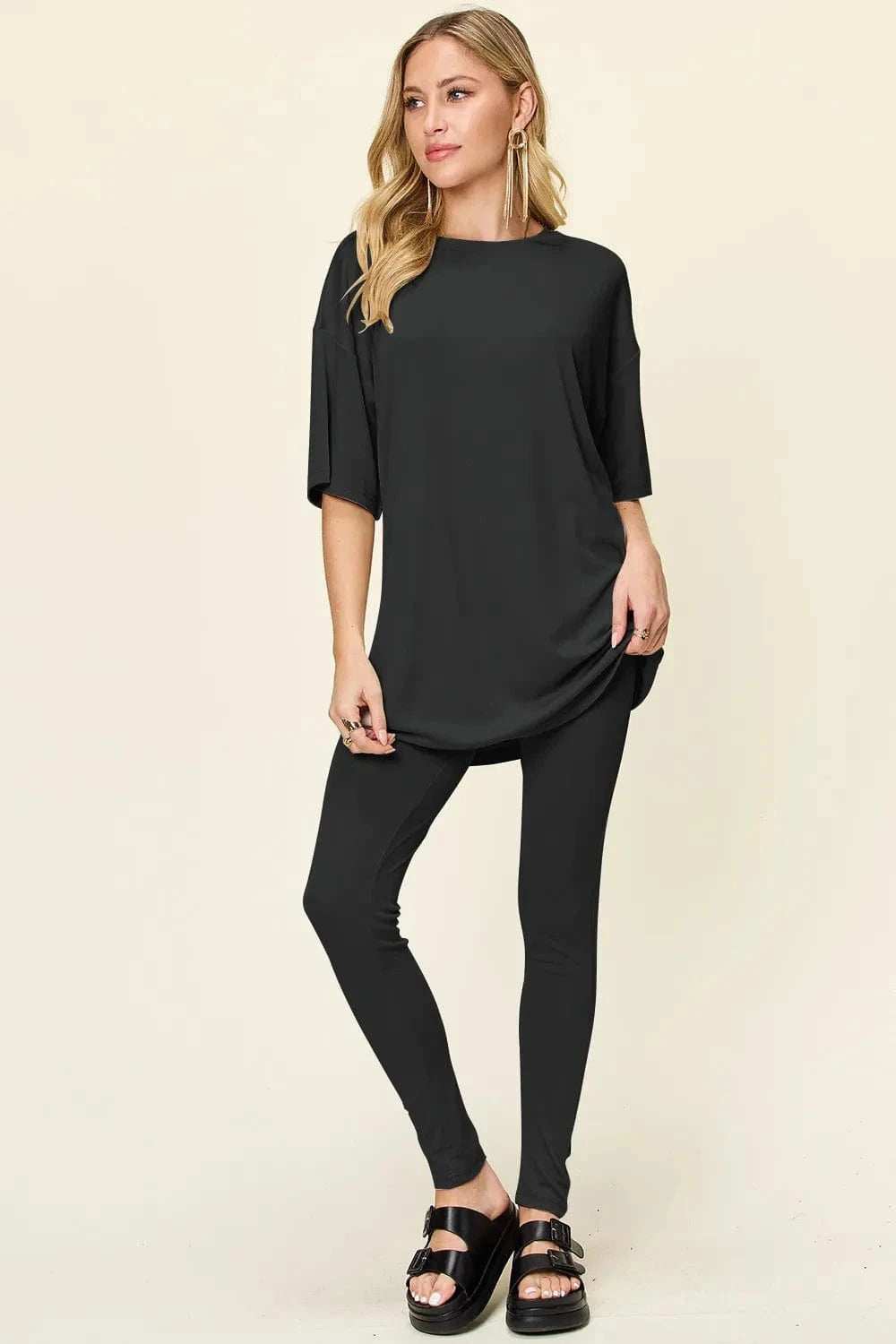 Double Take Full Size Round Neck Dropped Shoulder T-Shirt and Leggings Set - Trendsi - Flyclothing LLC