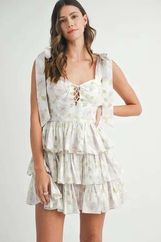 MABLE Floral Print Shoulder Tie Layered Mini Dress - Trendsi - Flyclothing LLC