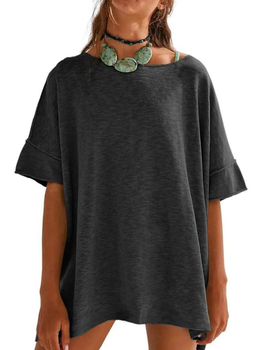 Oversized Round Neck Drop-Shoulder T-Shirt - Trendsi - Flyclothing LLC