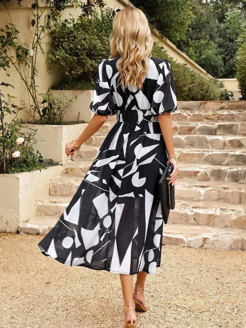 Smocked Printed V-Neck Half Sleeve Midi Dress - Trendsi - Flyclothing LLC