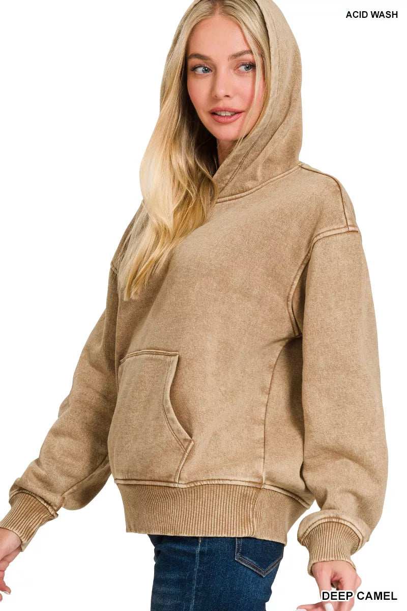 Zenana Fleece Acid Wash Kangaroo Pocket Hoodie - Trendsi - Flyclothing LLC