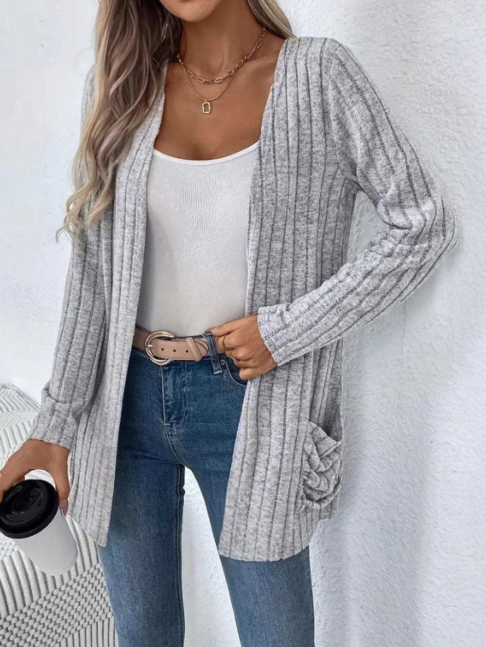 Ribbed Open Front Long Sleeve Cardigan with Pockets - Trendsi - Flyclothing LLC