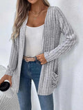 Ribbed Open Front Long Sleeve Cardigan with Pockets - Trendsi - Flyclothing LLC